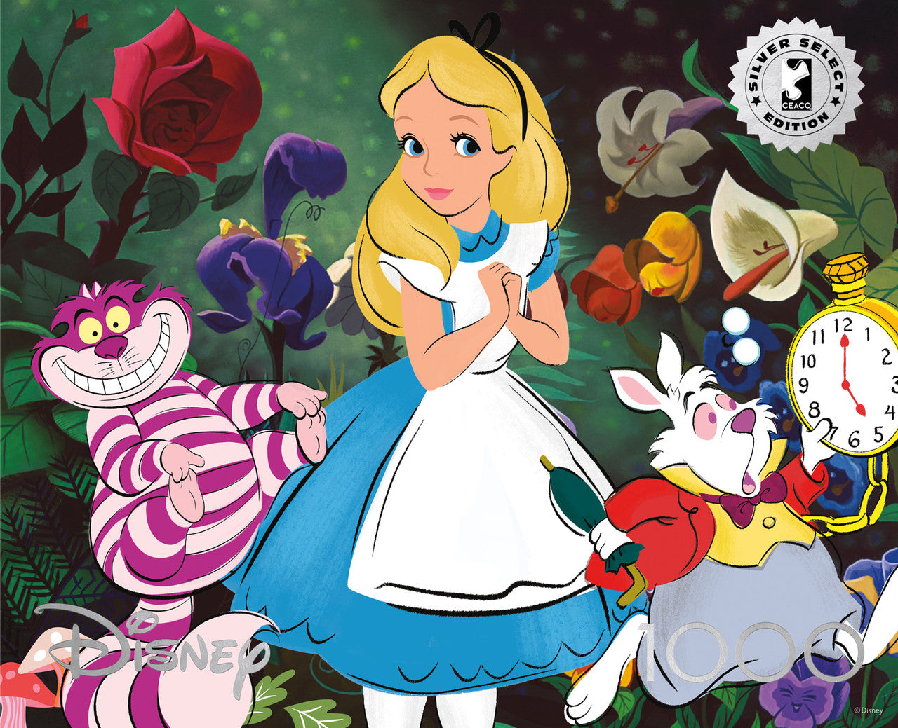 Ceaco Puzzle: Disney - Alice in Wonderland, Alice and Friends 1000 Piece Puzzle (Silver Select Edition) - Giftable Package With Silver Foil Accents