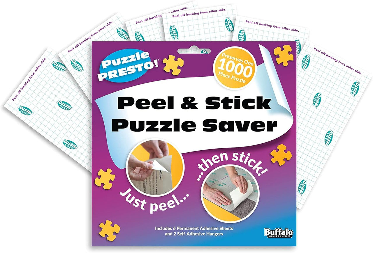 Puzzle Presto! Peel & Stick Puzzle Saver – The Original, Best Way to Preserve Your Finished Puzzle! Includes 6 Adhesive Sheets & 2 Hangers